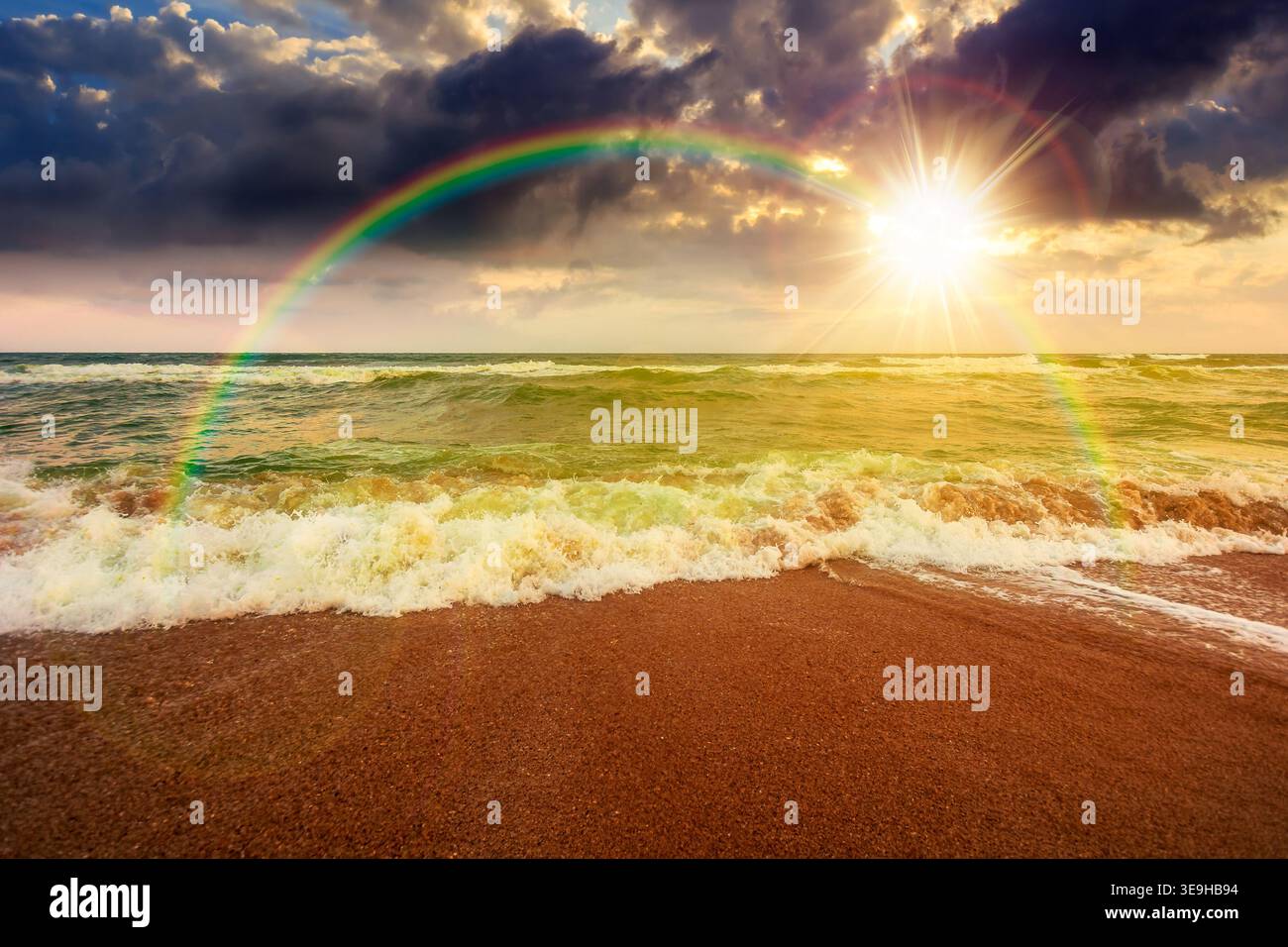 sunset over storm on the sandy beach. wonderful sea view with cloudy sky. salt water and crashing waves. view of bulgaria beach in summer. wind weathe Stock Photo