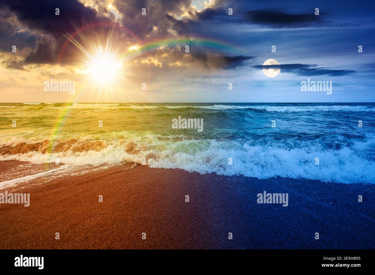 day meet night. storm on the sandy beach. sun and moon over wonderful sea view with epic sky. salt water and crashing waves. view of bulgaria beach on Stock Photo