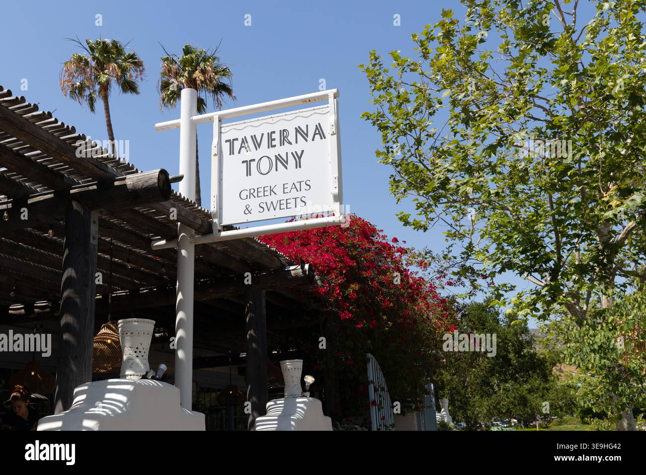 Taverna Tony Greek restaurant sign in Malibu, California, USA Stock Photo