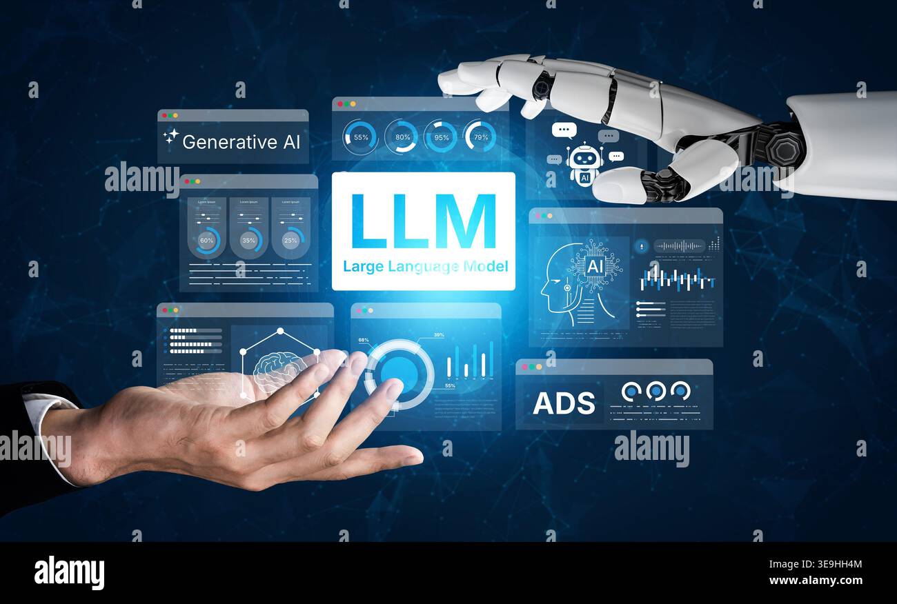 Large Language Model LLM processing data. Represents deep text learning, natural language processing NLP AI tech, transformer architecture, and Stock Photo