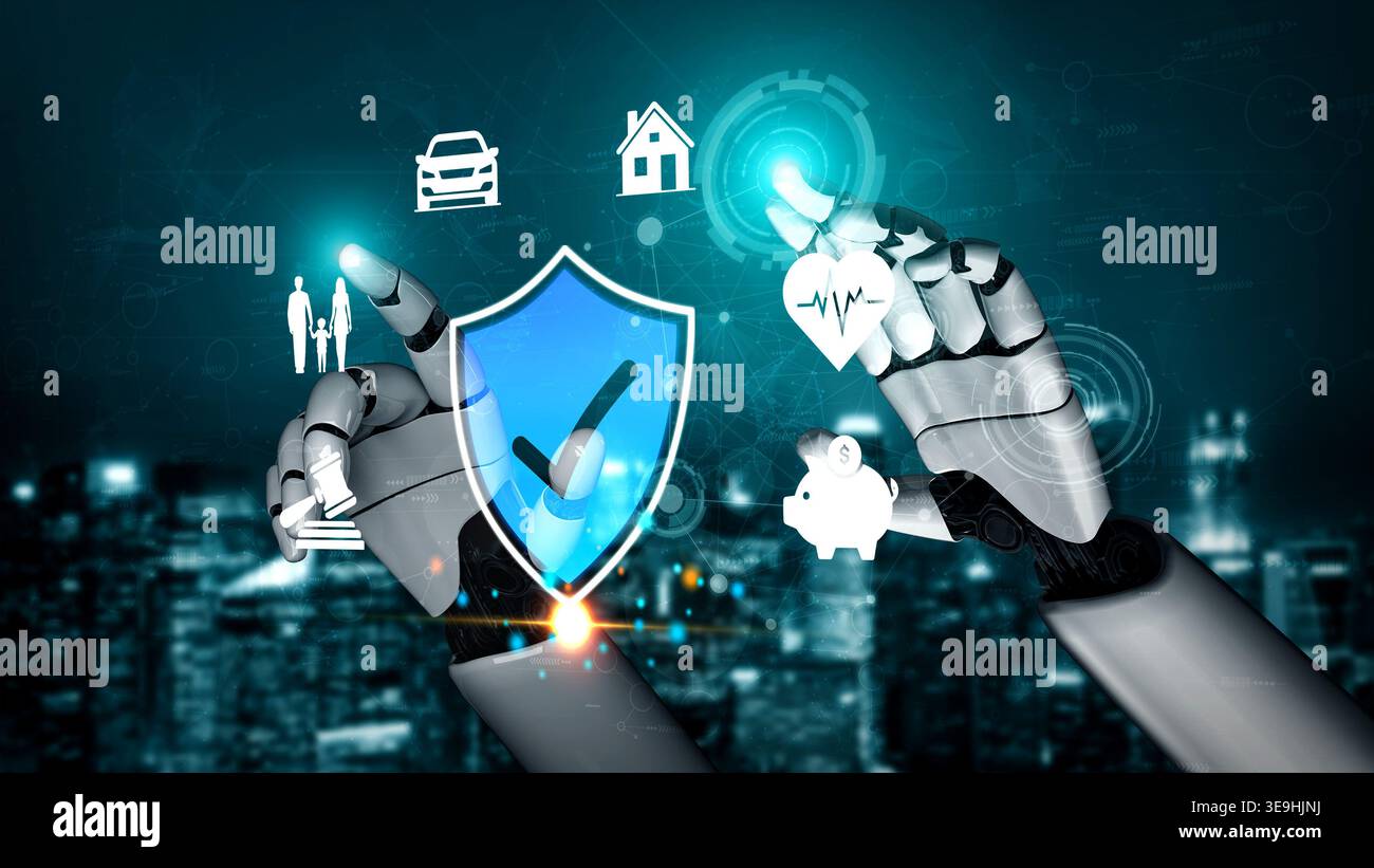 Futuristic Digital Security Concept with Robotic Hands Interacting with Virtual Symbols of Protection for Home, Health, Finance, and Transportation Stock Photo