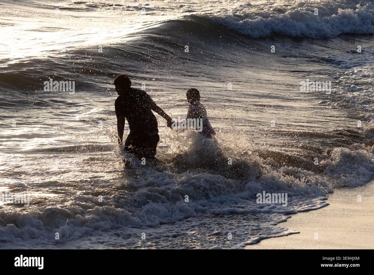 Silhouettes of people wading in ocean at sunset, Santa Monica, California, USA Stock Photo