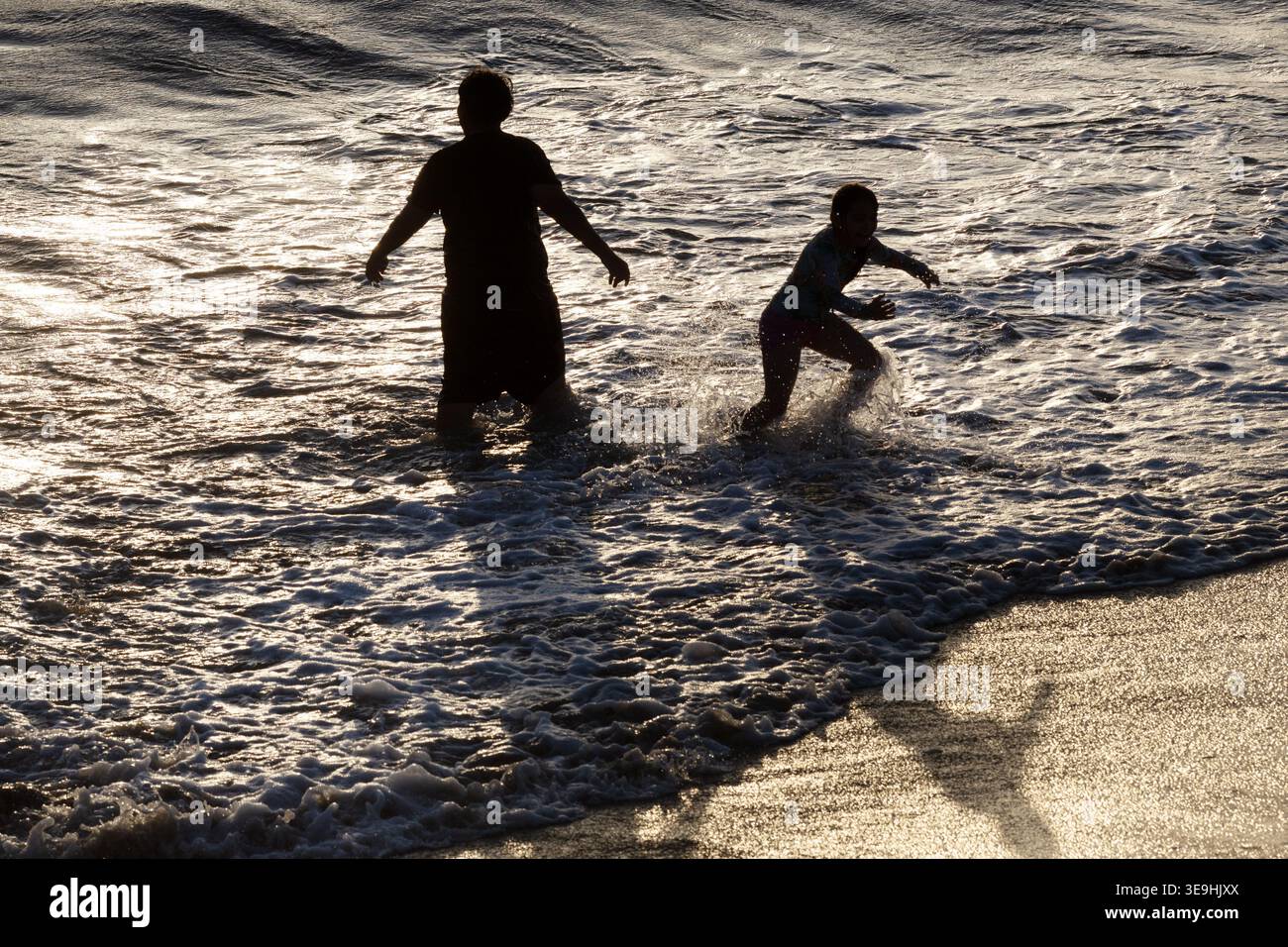 Silhouettes of people wading in ocean at sunset, Santa Monica, California, USA Stock Photo