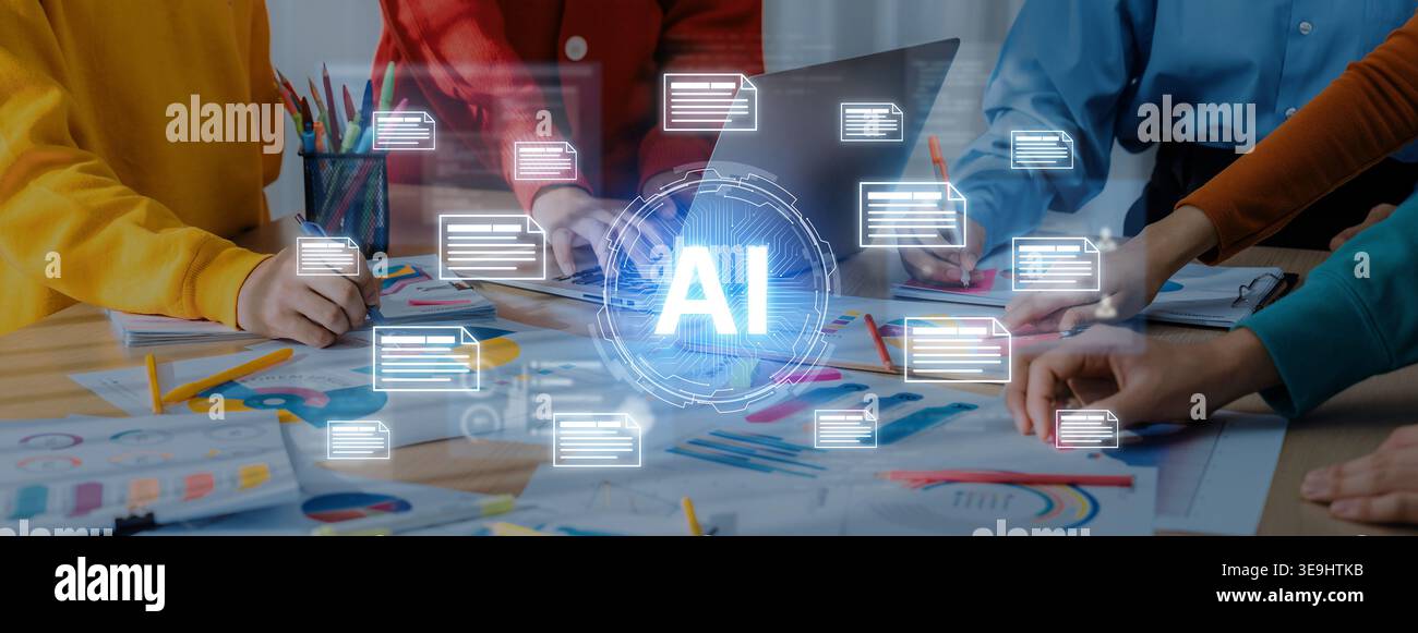 AI document automation concept with floating files and knowledge cards. Document NLP processing, search, document summarization, LLM document Stock Photo