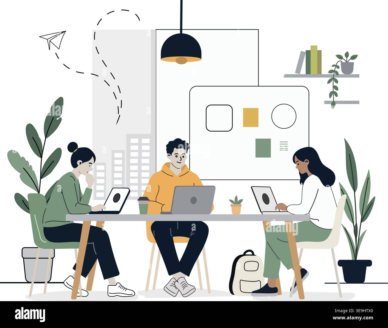 Modern office teamwork illustration with people working on laptops Stock Vector