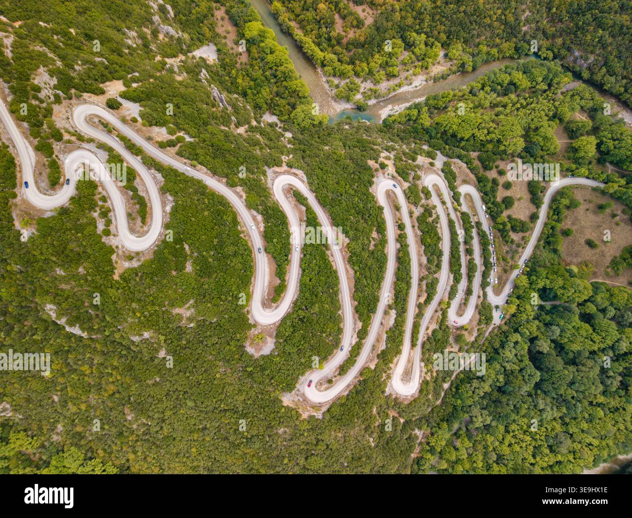 Aerial view of Zigzag Mountain Road in Zagori region, Greece Stock Photo