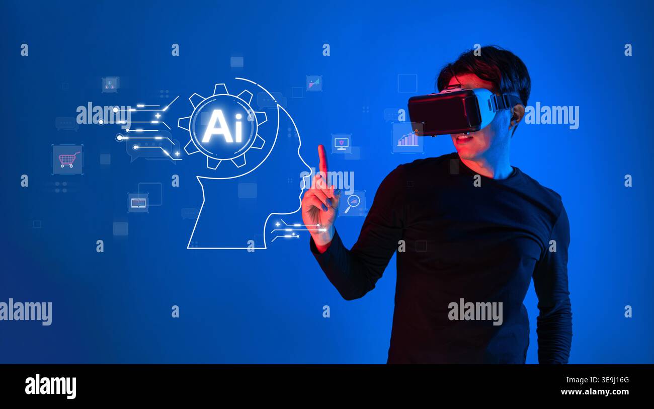 A modern individual interacts with virtual reality while exploring concepts of artificial intelligence, showcasing innovative technology for creative Stock Photo