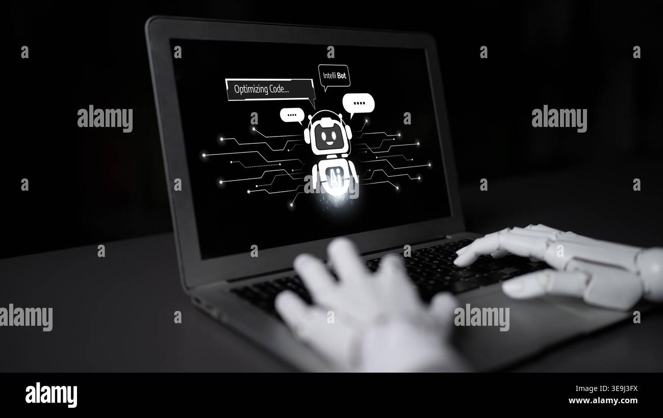 AI Virtual Assistant Artificial Intelligence Chatbot Controlled by Prompt Engineering for Explainable Generative AI information and LLM Deep Learning Stock Photo