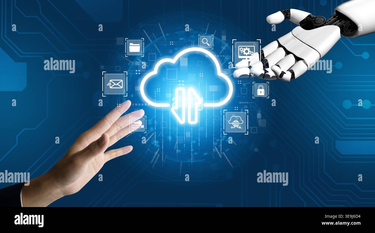 AI artificial intelligence optimizes cloud infrastructure with virtual assistants and intelligent automation, improving scalability, security, and Stock Photo