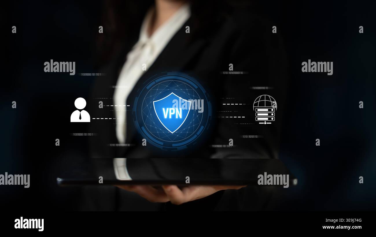 VPN security protects network access. VPN security encrypts data, hides identity, VPN security defends traffic, and VPN security secures connection Stock Photo