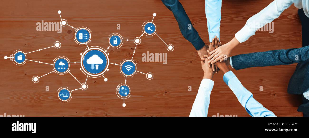 A visual representation of collaborative computing featuring diverse hands united over a network diagram with cloud elements, symbolizing teamwork and Stock Photo