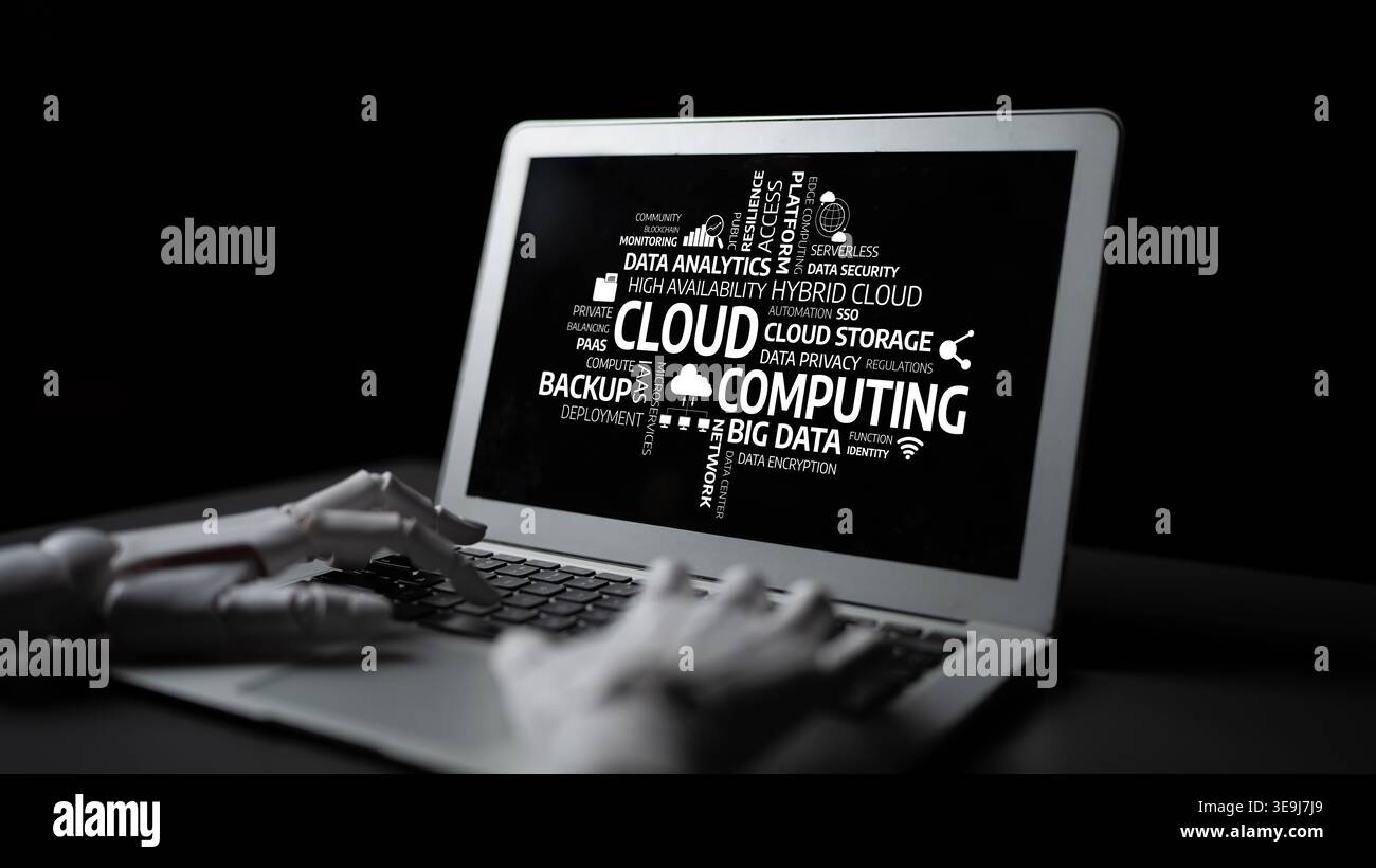 A robotic hand interacts with a laptop displaying cloud computing elements, emphasizing data analytics, security, and modern technology solutions for Stock Photo