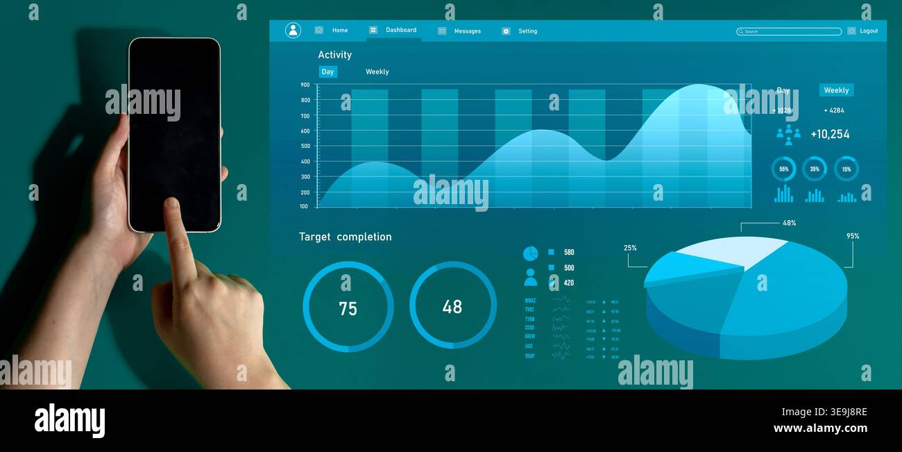 A hand interacts with a smartphone displaying data visuals, including charts and graphs. The image represents modern analytics and performance Stock Photo