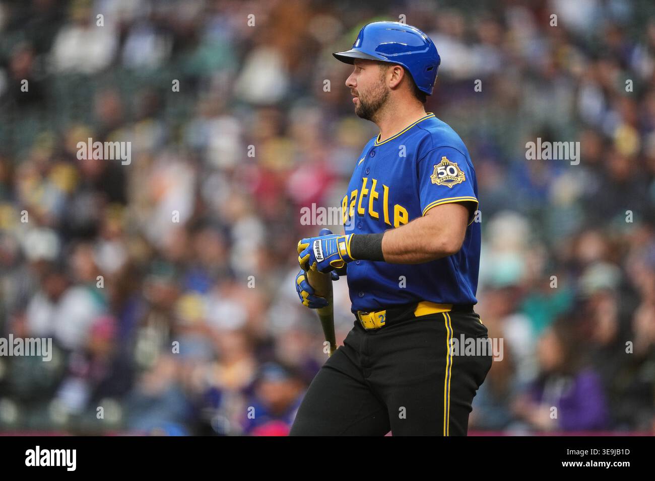 Seattle Mariners' Cal Raleigh prepares for an at-bat against the Texas ...