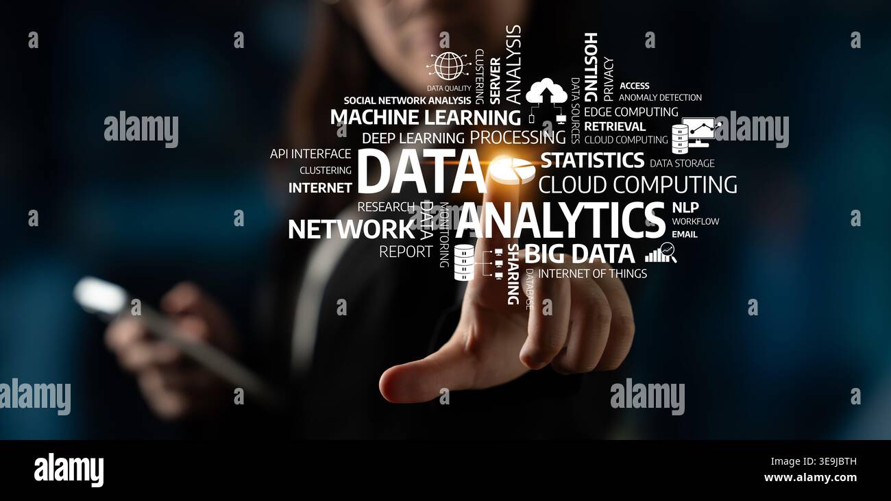 A professional illustrates data analysis through a touchscreen interaction. The image showcases a word cloud emphasizing key terms in data science and Stock Photo