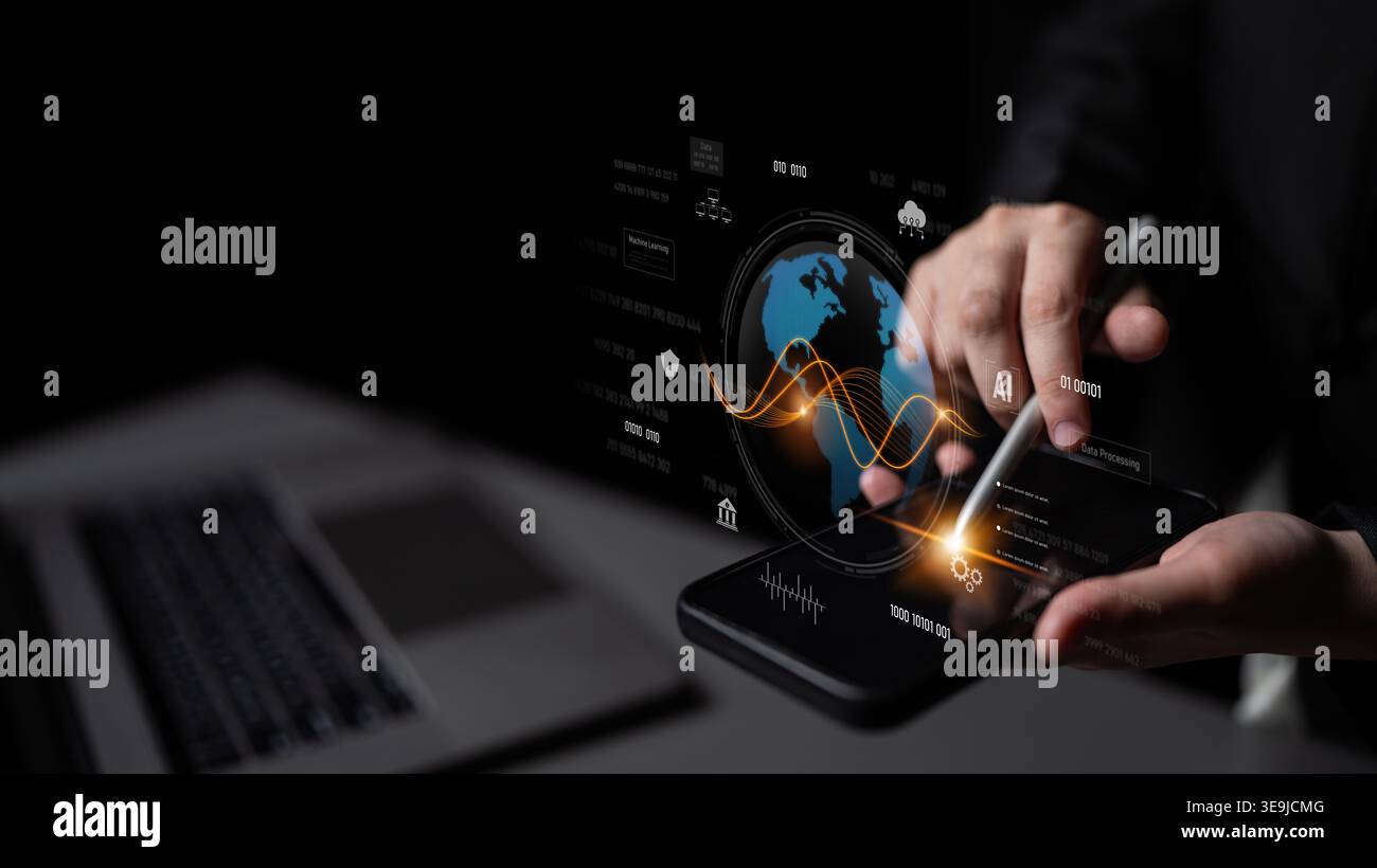 Global AI and data processing system enhances data, AI, and processing efficiency through digital network and global integration of intelligent Stock Photo