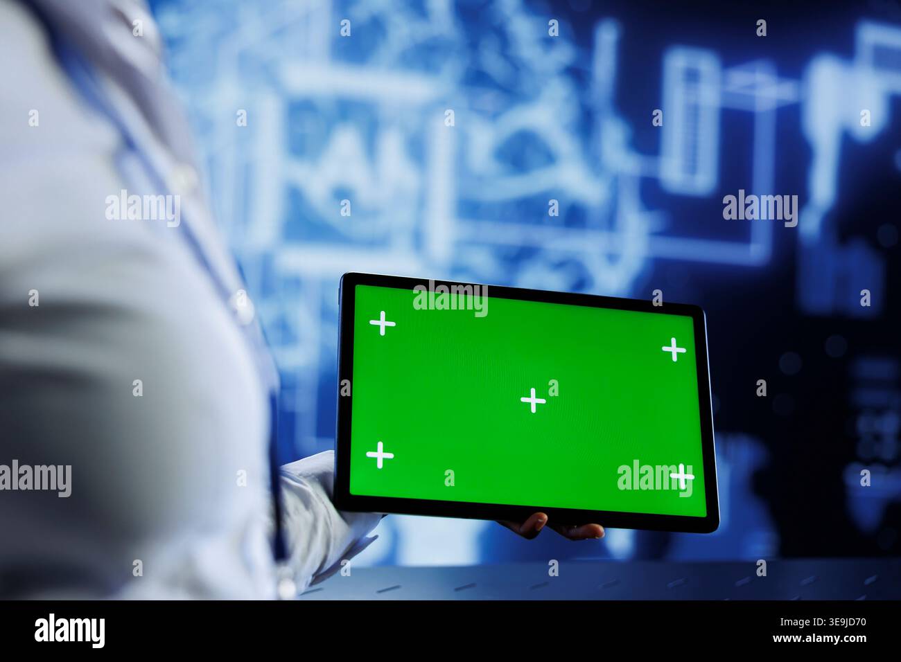 Admin uses mockup tablet to develop artificial intelligence neural networks nodes modeled after human brain. Worker setting up AI machine learning using isolated screen device Stock Photo