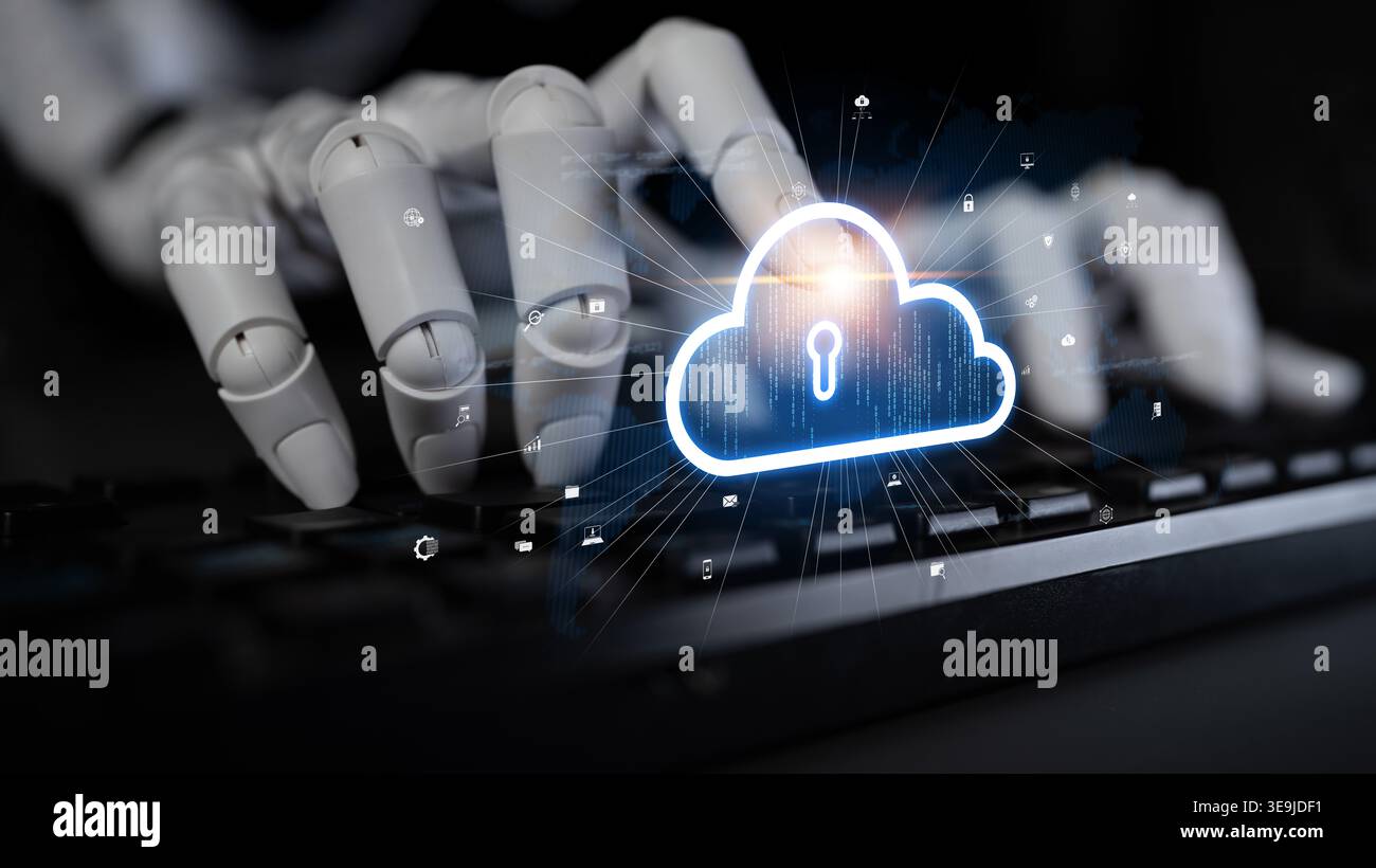 AI artificial intelligence optimizes cloud infrastructure with virtual assistants and intelligent automation, improving scalability, security, and Stock Photo