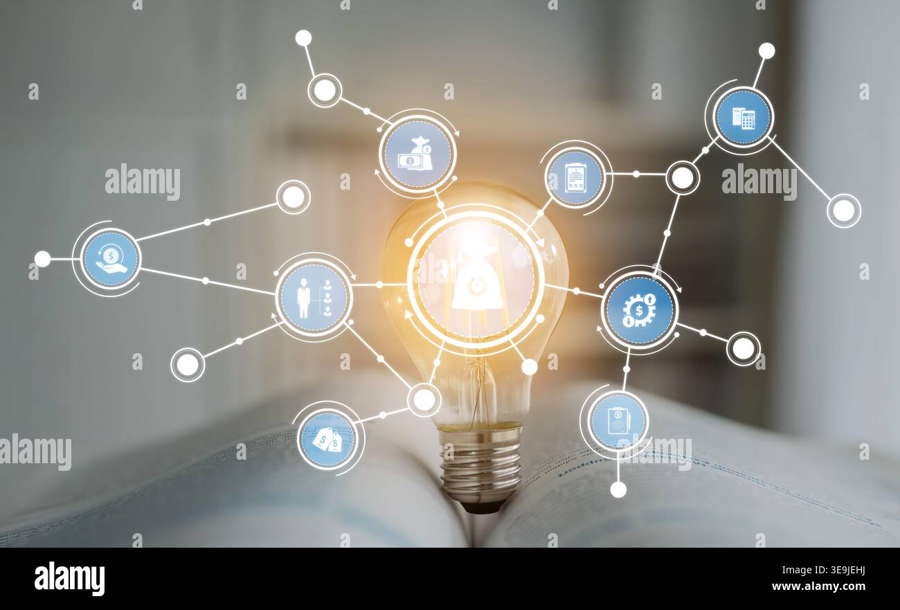This image features a light bulb surrounded by digital icons, symbolizing innovation and connectivity. It represents ideas, technology, and business Stock Photo