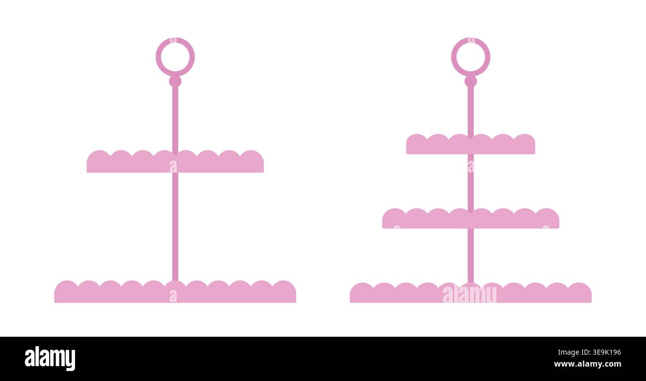 Set of pink tiered cake stand flat vector illustration. Empty dessert or fruit tiered stand clipart. Cupcake Stand. Dessert Stand. Stock Vector