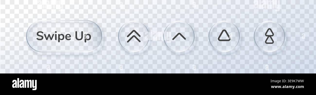 Web application swipe up arrow button glass icon ui text. This symbol next circle interface features scroll left right vector with slide down triangle Stock Vector