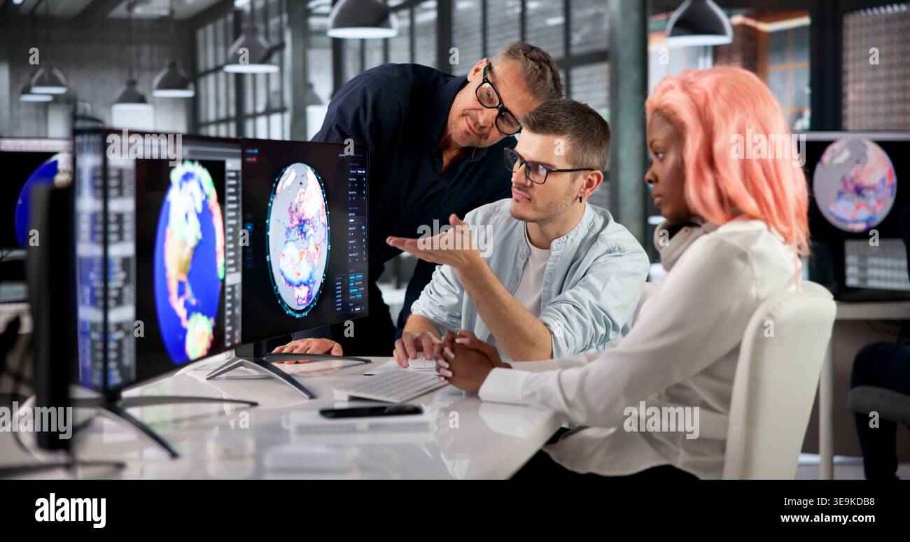 Environmental Scientist Leads Team Analyzing Climate Change Data On Screen. Stock Photo