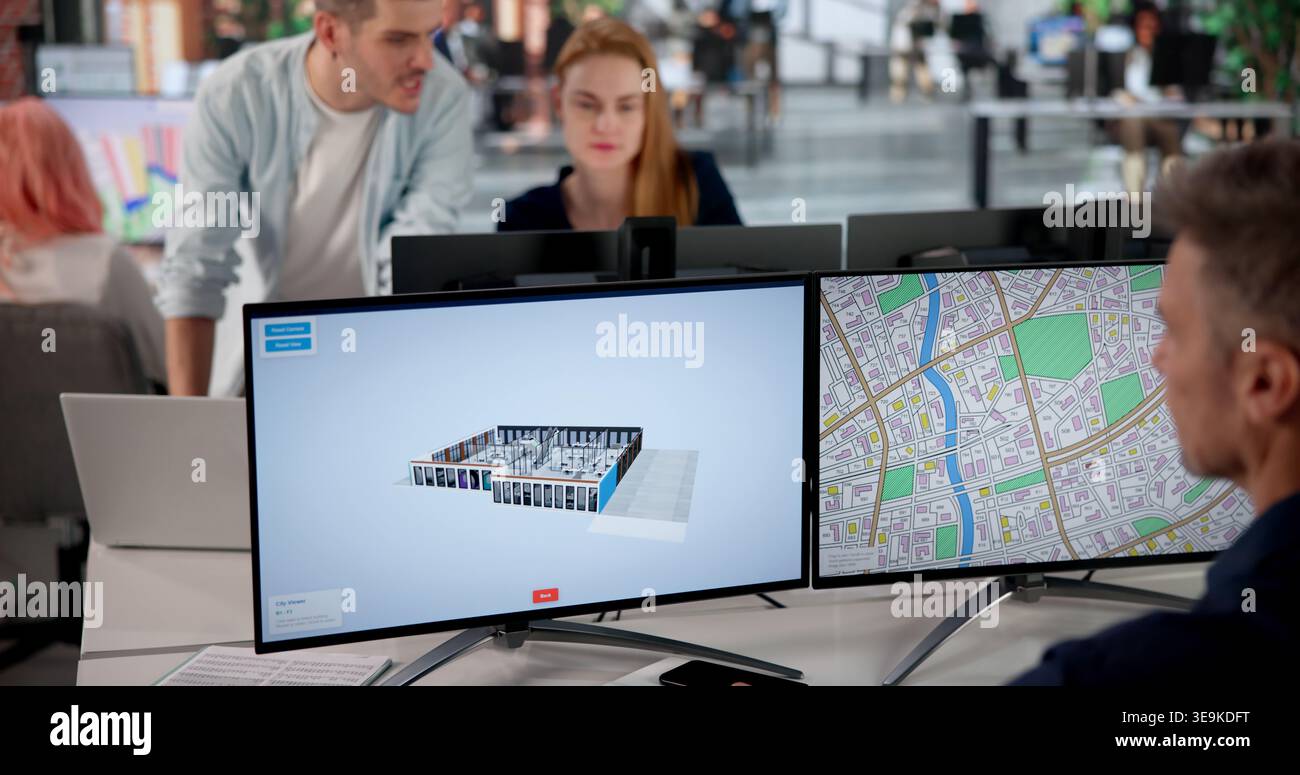 Architect Studies 3D Property Twin Using BIM And GIS Software Tools. Stock Photo