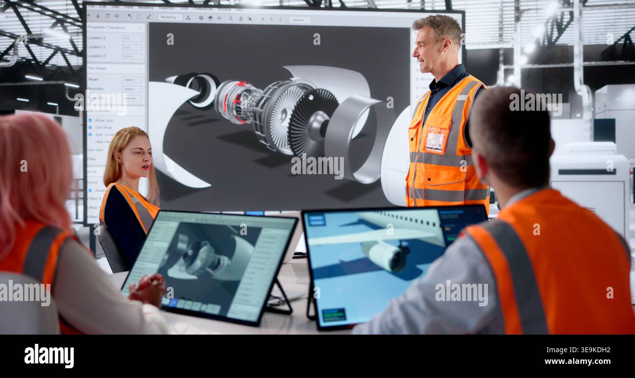 Aerospace Engineer Is Giving Presentation On 3D Aircraft Design Software. Stock Photo