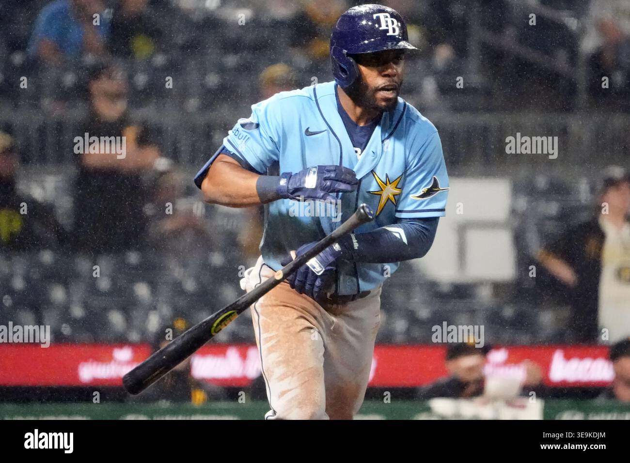 Tampa Bay Rays' Cedric Mullins tosses his bat as he watches his two run ...