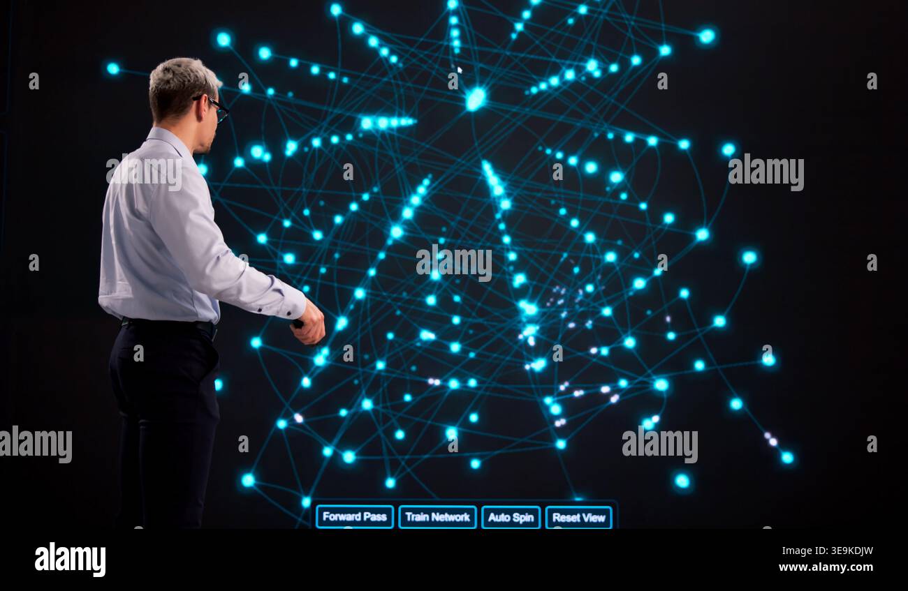 Tech Professional Overseeing AI Model Training On Interactive Display In Modern Office Environment Stock Photo