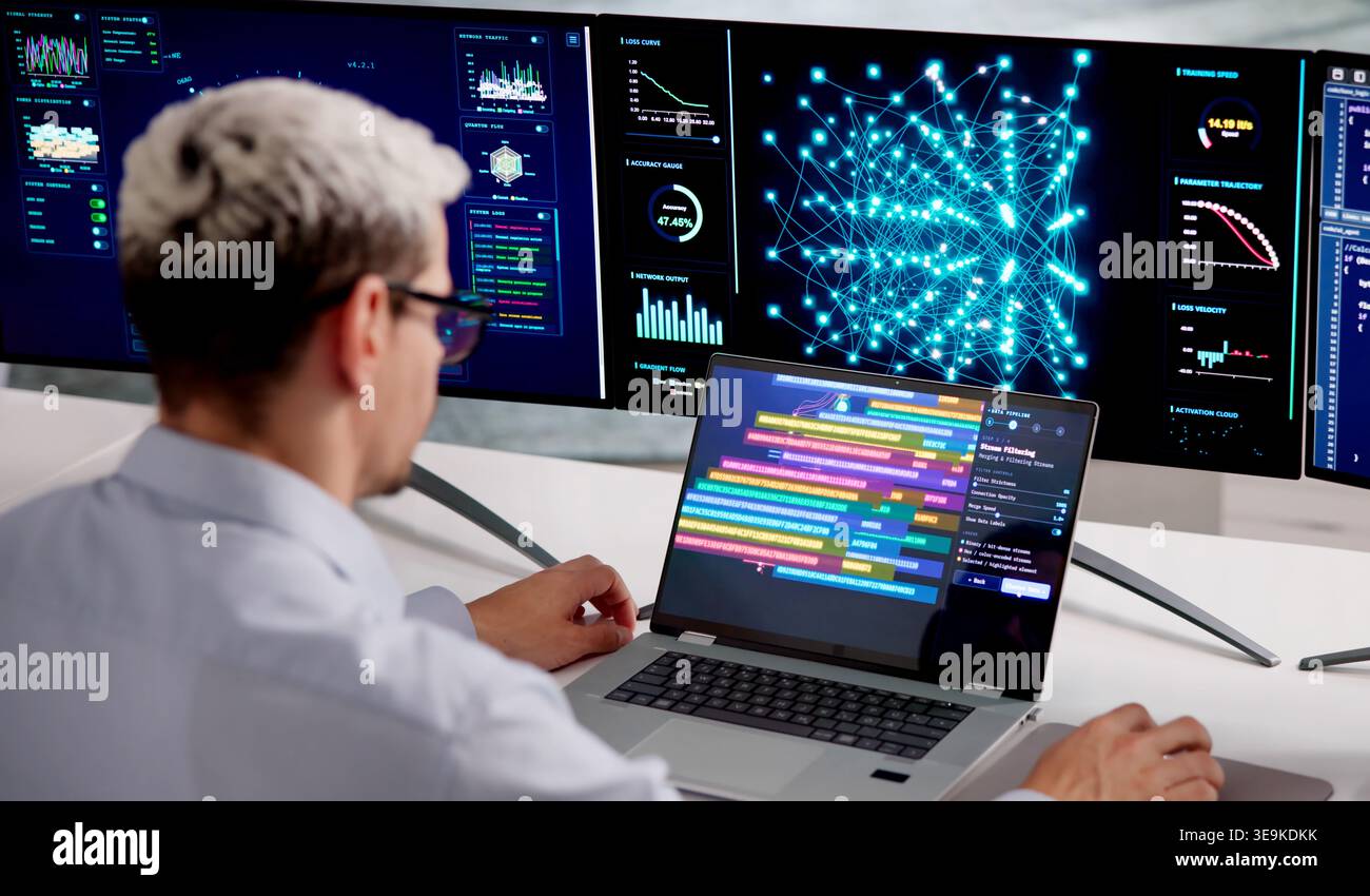 Engineer Analyzing Big Data And AI Model Training With Clustering On Multiple Screens Stock Photo