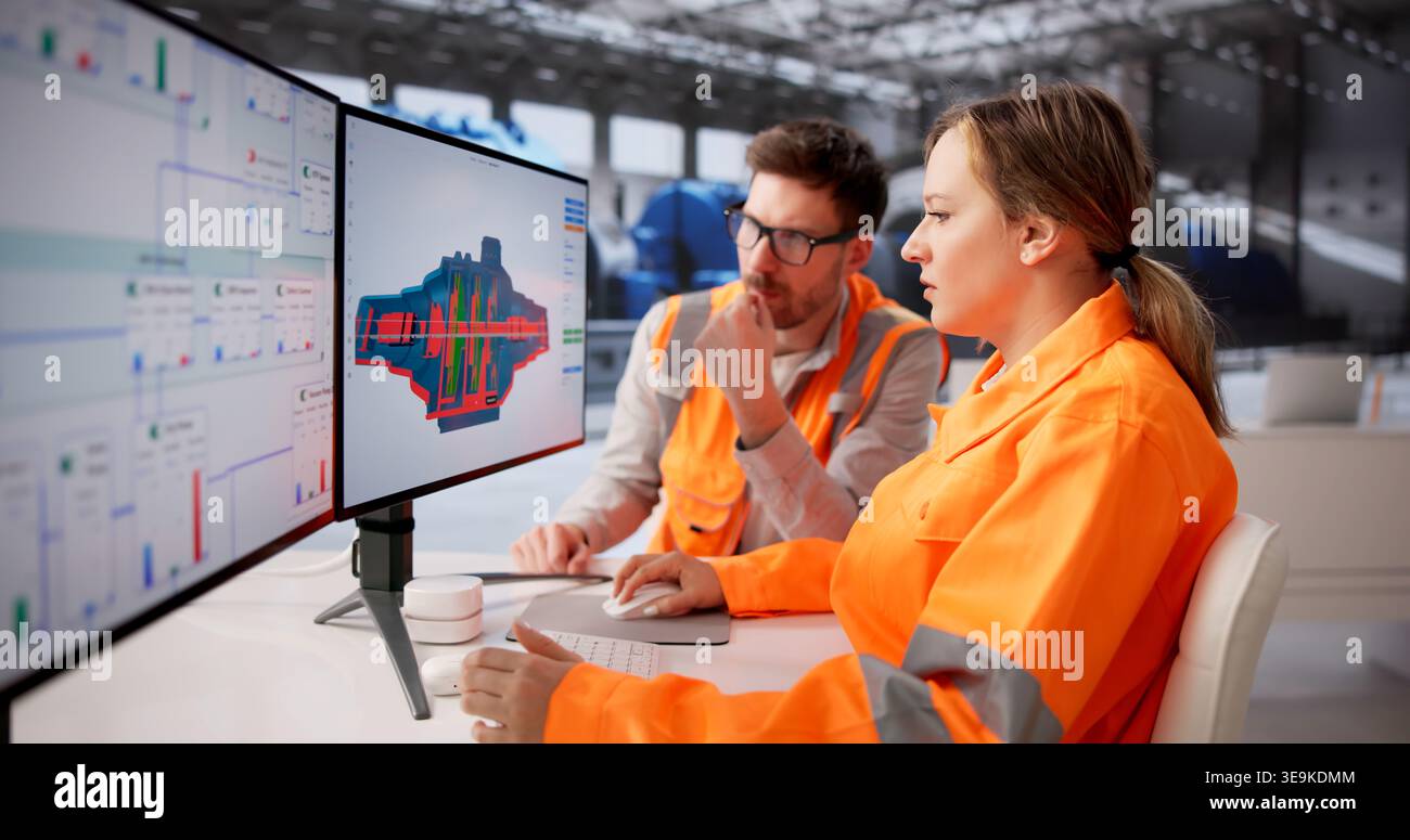 Power Plant Technician Oversees Gas Turbine Efficiency With SCADA Technology Stock Photo