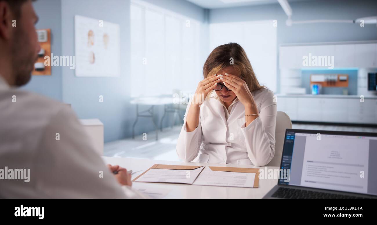 Serious Interview Taking Place In A Critical Disciplinary Meeting Between Medical Professionals Stock Photo