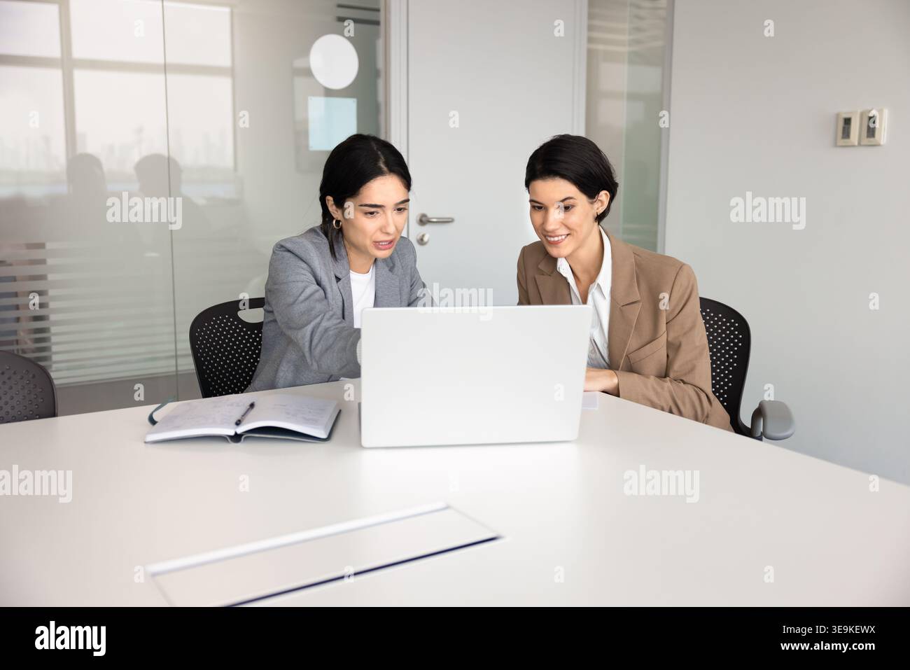 Colleagues collaborating on project, reviewing digital data using laptop Stock Photo