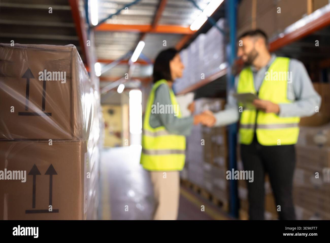 Warehouse workers shaking hands confirming agreement in logistics facility Stock Photo