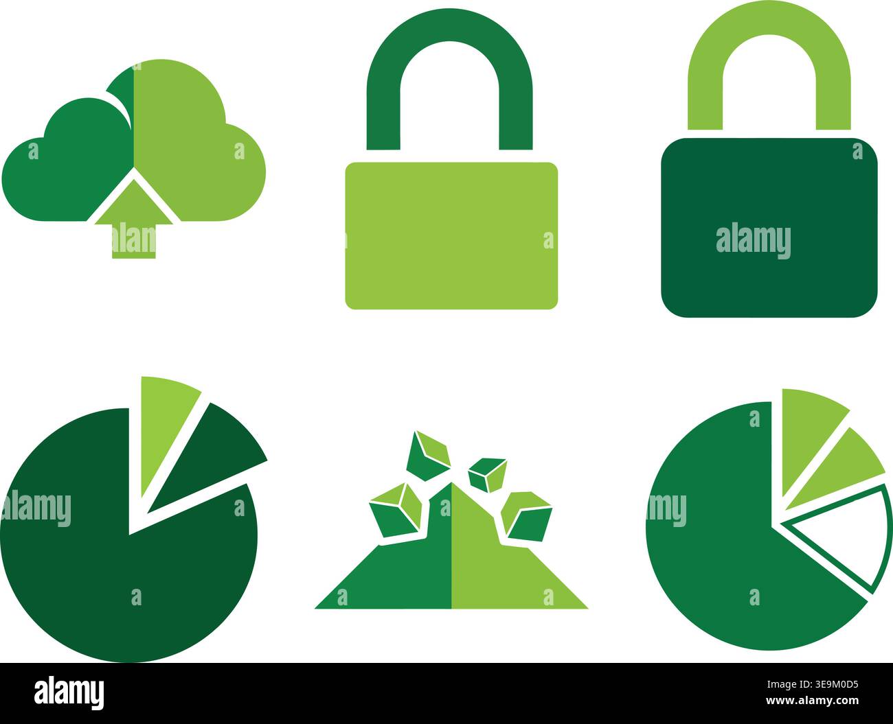 Data Security and Analytics Icon Set featuring Padlocks Cloud Upload and Pie Charts Stock Vector