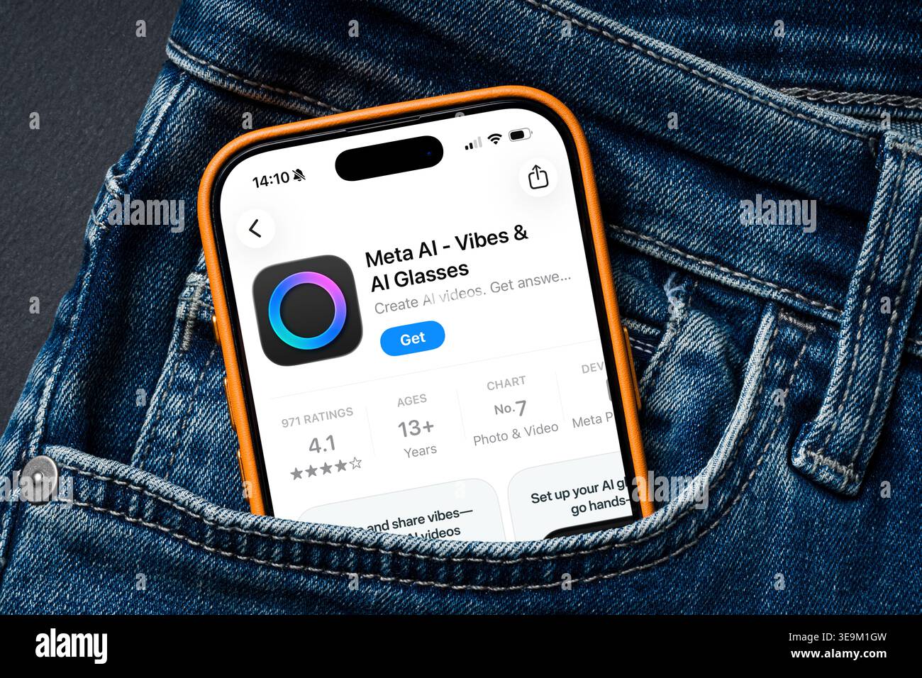 Antalya, Turkey - March 24, 2026: Smartphone in jeans pocket showing Meta AI app interface screen Stock Photo