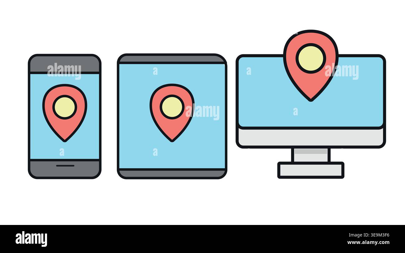 Multi-device local SEO and location icon set Stock Vector