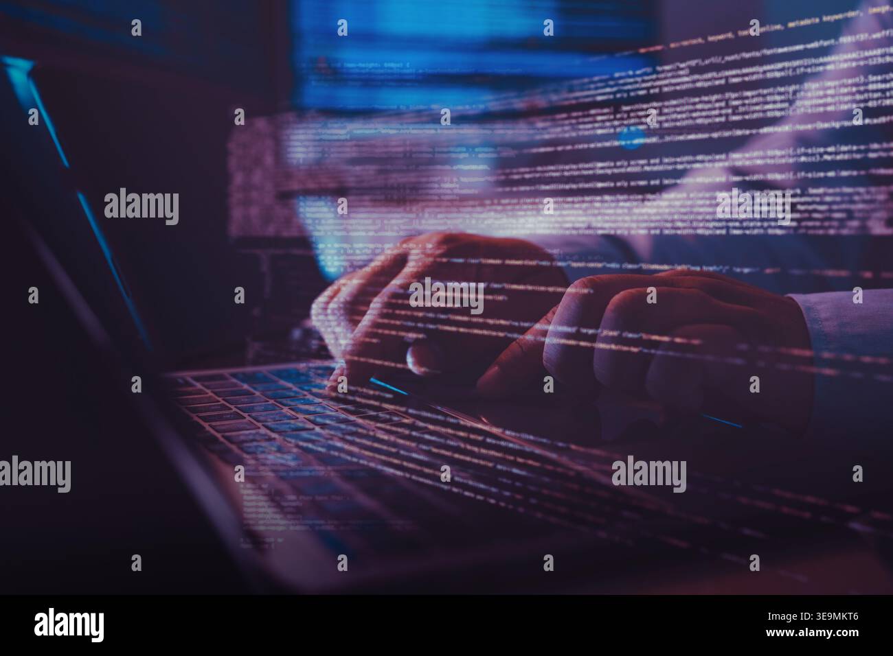 Close up of programmer hands typing code on a laptop with virtual data overlay, representing software development workflow, coding process, computer t Stock Photo