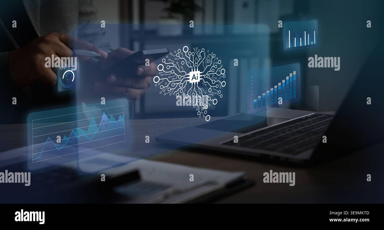 Hands performing data analysis using smartphone beside laptop displaying dashboard charts, supporting metrics tracking, reporting, and data management Stock Photo