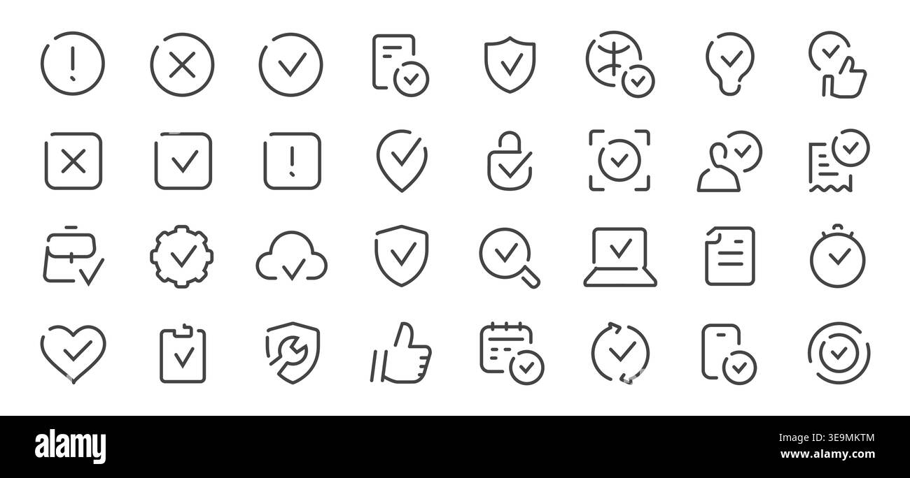 Check and security icon set. Verification and approval line icons Stock Vector