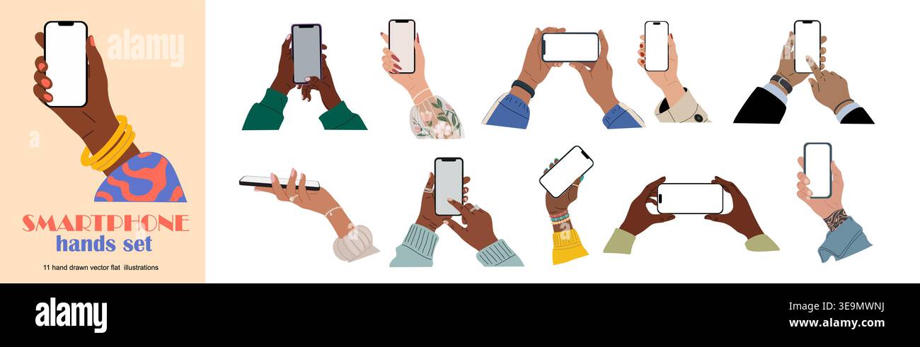 Set of diverse human hands holding smartphones Stock Vector
