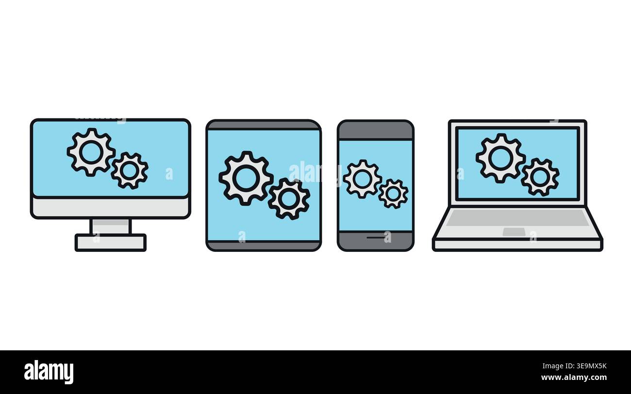 Multi-device settings and optimization icon set Stock Vector
