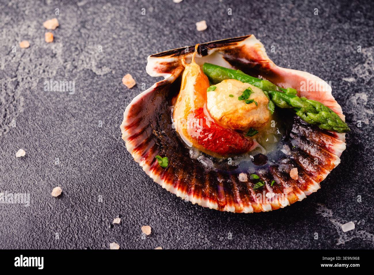Cooked scallops with vegetables on a dark background Stock Photo