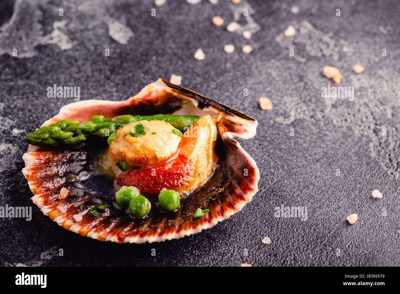 Cooked scallops with vegetables on a dark background Stock Photo