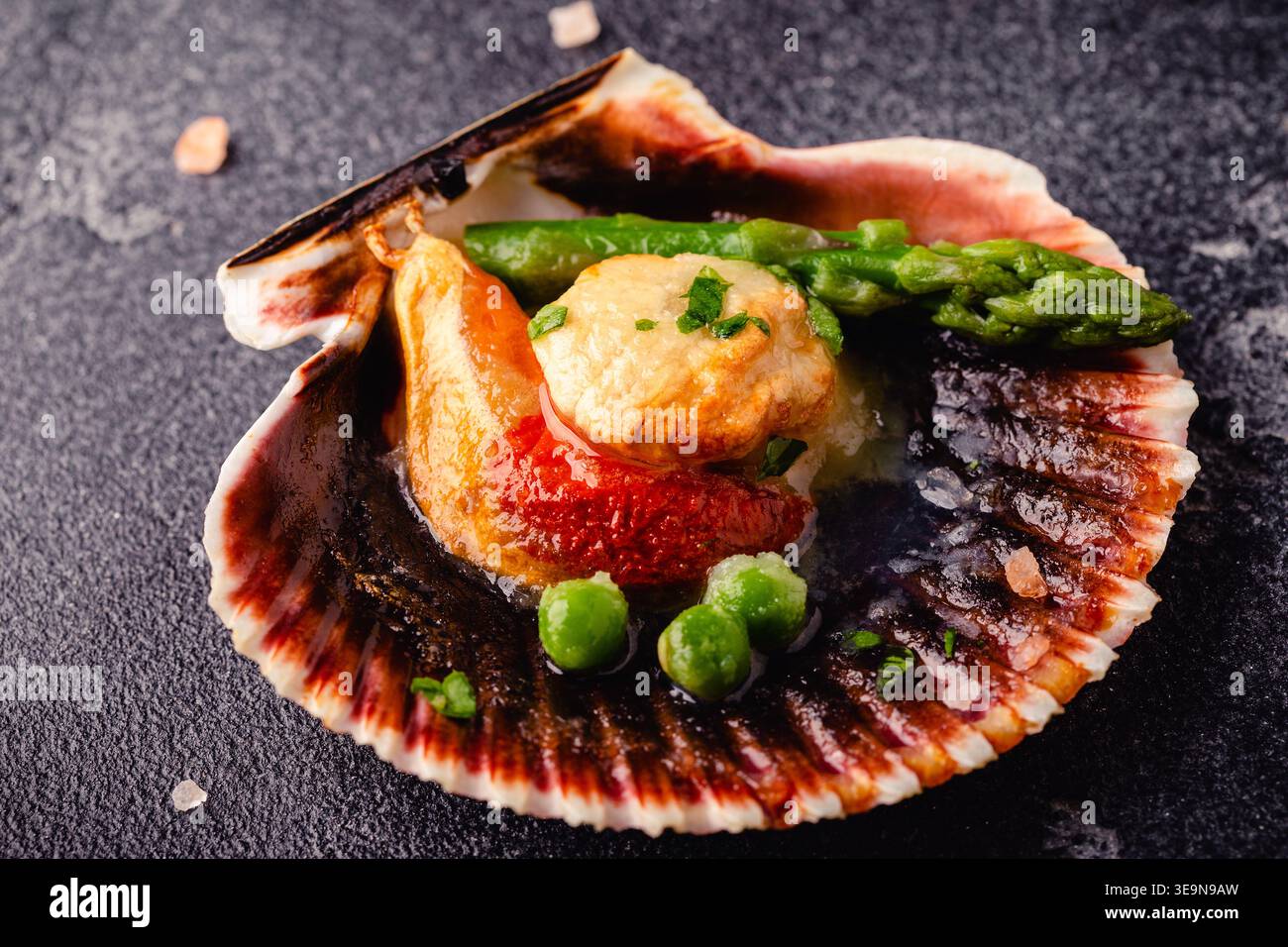 Cooked scallops with vegetables on a dark background Stock Photo
