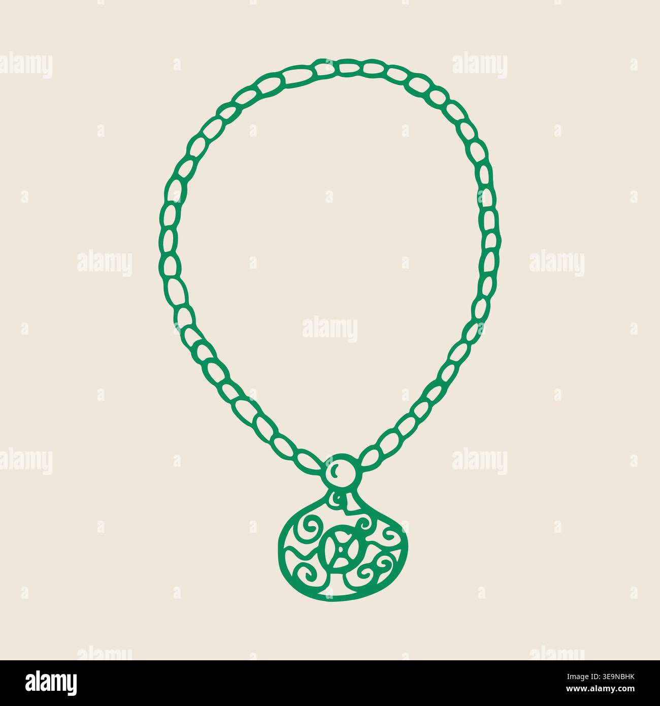 Green decorative necklace with intricate pendant design, featuring a chain of circular links and a stylized ornament hanging from the center Stock Vector