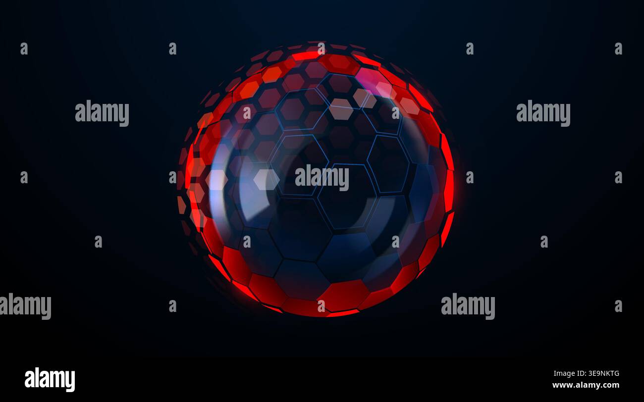 Abstract energy shield with glowing red hexagonal pattern sphere on dark background. Vector illustration. Stock Vector