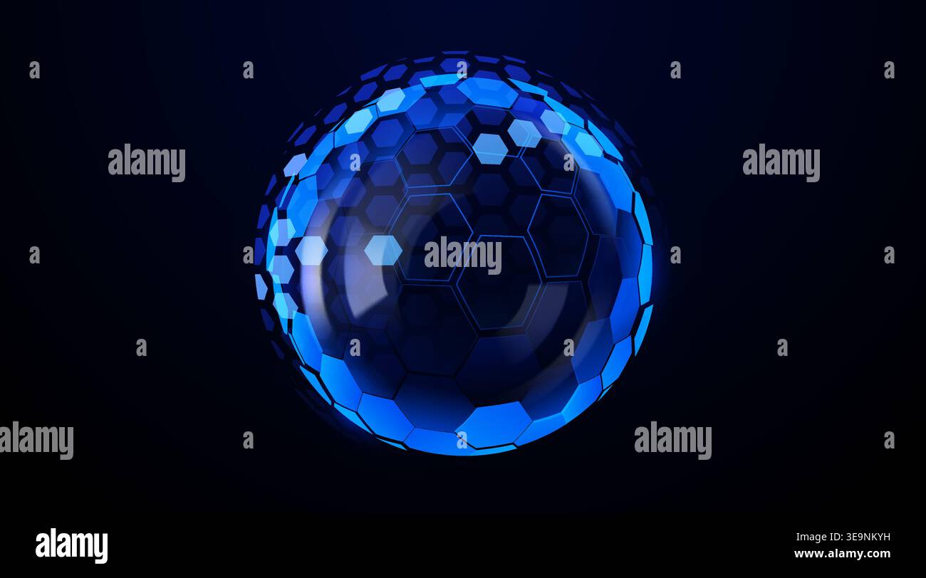 Abstract blue energy shield sphere with hexagon patterns. Futuristic sci-fi technology concept Vector illustration. Stock Vector