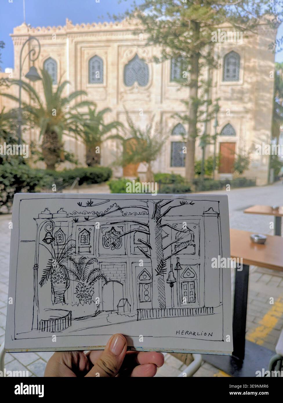 plein air drawing of building with Palm trees in Heraklion - Smartphone Captured Stock Image